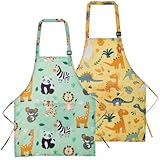 Lictin 2 Pack Kids Apron for Girls Boys Animals Aprons for Cooking, Waterproof Art Apron with Pockets for Kids Painting Cooking Baking (4-12 Years)