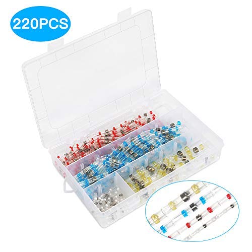 FANSIN 220PCS Solder Seal Wire Connectors, Self-Solder Heat Shrink Butt Connector Waterproof Insulated Electrical Butt Splice Wire Terminals for Marine Automotive Aircraft Boat Truck Stereo Wire Joint