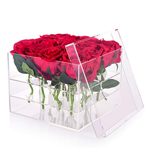 Wefond Clear Acrylic Flower Box Water Holder Vase Decorative Square Rose Pot Wedding Flower Gift Box Makeup Organizer (16 Holes)