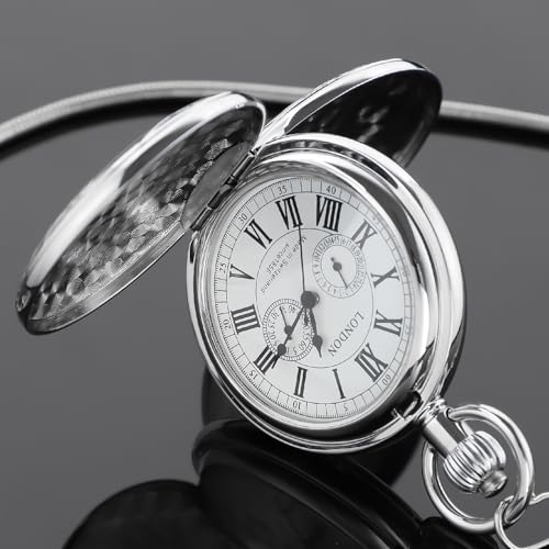 Image of Copper Pocket Watch Train Railroad Steampunk Mechanical London Hand Wind Double Case Mens Watches with Chains & Boxs Christmas Graduation Birthday Gifts Fathers Day(Silver)