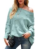Onfettic Damen Pullover Rundhals Lose Strickpullover Elegant Aushöhlen Pullover Oversized Lange Ärmel Pullover（Blau,M