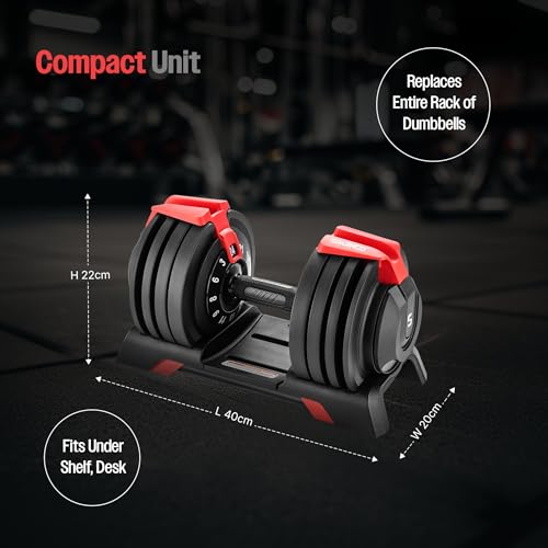 Image of Sparnod Fitness SAD 24 Adjustable Dumbbell,24kg with 12 Weight Increments (3-24kg), One-Hand Quick Adjustment Safety Lock & Storage Rack, Ergonomic Non-Slip Grip, Premium Steel Build