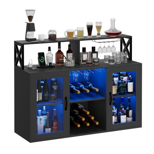 MilleLoom Gabinete de vino con almacenamiento, armario de bar con tomas de corriente, gabinete de bar de licor con luces LED y soporte de vidrio, color negro