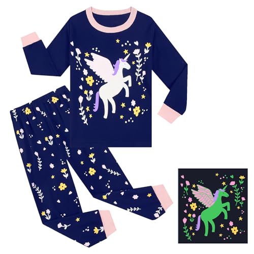 Pilipulu Mädchen Schlafanzüge Langarm Baumwolle Einhorn Schlafanzug Kinder Unicorn Pyjama Set Nachtwäsche 116 Glow in The Dark/Einhorn 2