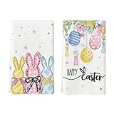 Artoid Mode Beige Bunny Eggs Happy Easter Kitchen Towels Dish Towels, 18x26 Inch Spring Farmhouse Bow Flowers Decoration Hand Towels Set of 2