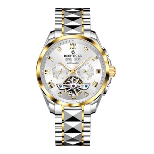 REEF TIGER Modische mechanische Uhr mit Kalender, drei Fenstern, Edelstahl, Skelett, wasserdichte Uhr für Herren, RGA8235, Rga8235-twt, modisch