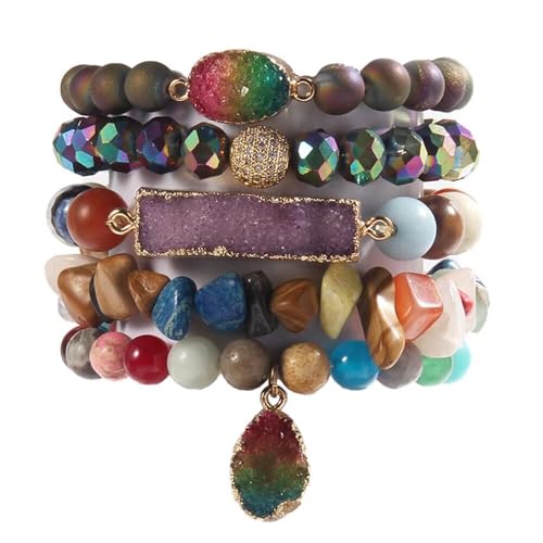Yomisa 5PCS Stack Natural Boho Beaded Bracelets for Women Men Trendy