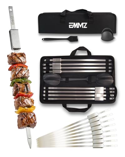 Grilling Skewer16.5 metal skewers with removable Slider in bag(set of 8) flat skewers stainless steel skewers for BBQ-kabob Skewers for kabab Barbecue meat chicken grill shish kebab and camping
