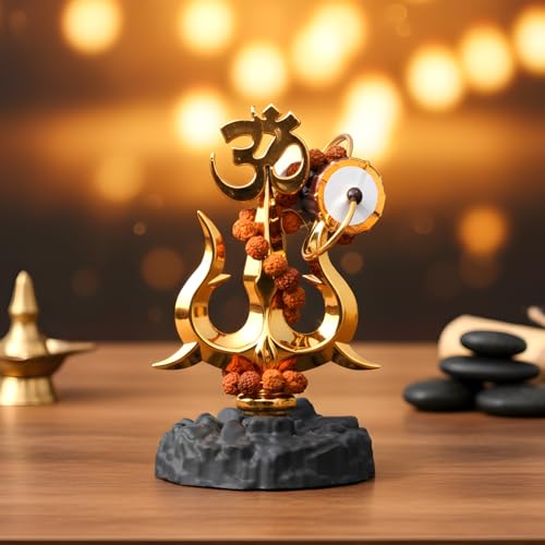 Image of Gold Finish Om Trishul with Damroo & Rudraksha Mala - Divine Lord Shiva Idol for Home, Office & Car Dashboard