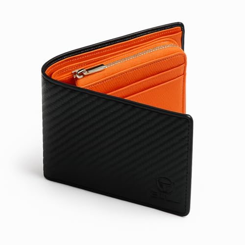 Premium Handmade Leather Wallets for Men – Slim Bifold, RFID Blocking, YKK Excella Zipper (Full-Grain Leather, Carbon Fiber Black Exterior/Orange Interior)2
