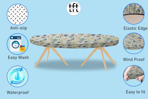 Image of The Furnishing Tree Elastic Cotton Oval Dining Table Cover 30x48 in Inches Floral Blue Leaf on offwhite Base