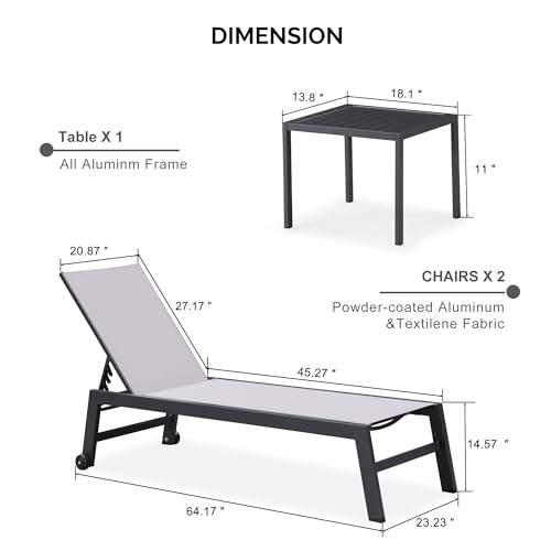 Image of PURPLE LEAF Patio Chaise Lounge Set 2 Pieces Textilene Pool Lounge Chairs with Wheels Sunbathing Chair with 5 Adjustable Position for Outdoor Yard (2 Light Grey Lounges W /Side Table)