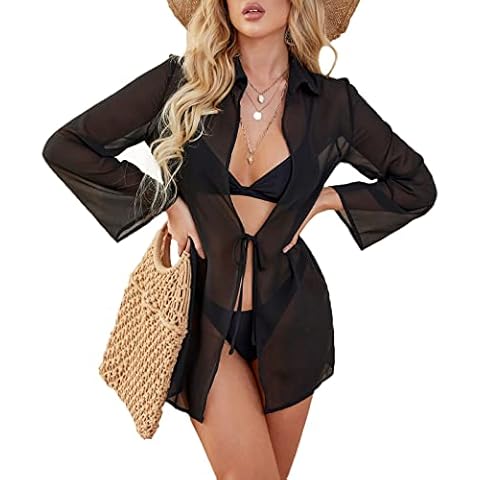 Beach Coverups for Women Ladies Cover ups Beach Wear for Women Cover up Tunic Women Summer Shirt Kimono Cardigans for Swimsuit Casual Loose Lightweight, Black, L Cover