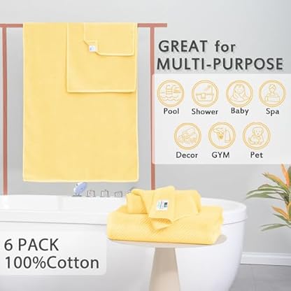 Gelbe Handtücher für Badezimmer, 100 % Baumwolle, dick, weich, schnell trocknend, 6-teiliges Handtuch-Set, 2 große Badetücher 76,2 x 142,2 cm, 2 Handtücher 45,7 x 71,1 cm, 2 Waschlappen 33 x 33 cm, – Bild 4