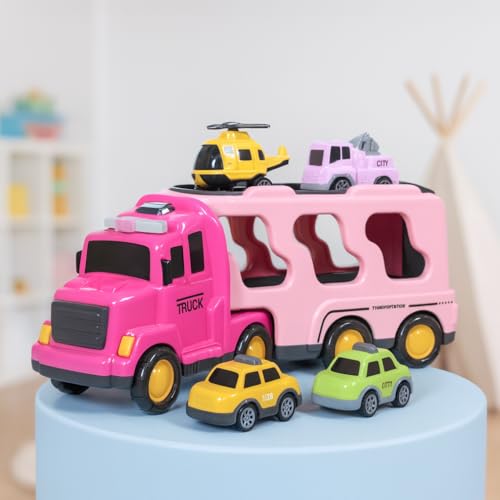 Image of Mini Explorer 5 in 1 Girls Toddler Truck Toys for 3 4 5 6 Year Old, Friction Powered Vehicle Car Set for Toddlers 3-6, Carrier Toys for Kids 3-5, Christmas Birthday Gifts for Boys Age 3-9