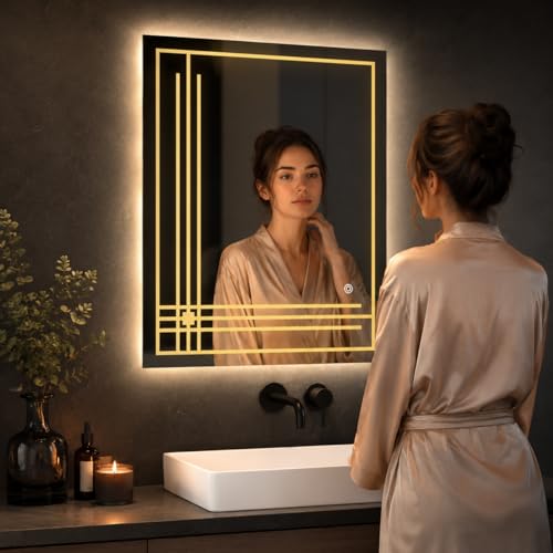 Image of LED Bathroom Wall Mirror with Decorative 3 Light Design | Touch Sensor | Warm | Natural and Cool White | for Wash Basin | Bedroom | Dressing Area Decoration (Portrait 2nd, 12x18)