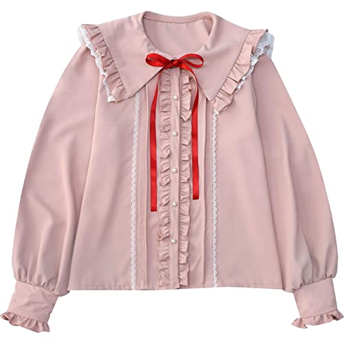 Image of Lolita Women Ruffle Sailor Collar Blouse Shirt Kawaii Teen Bow Tie Cat Ears Fashion Button Front Junior Cute Tops