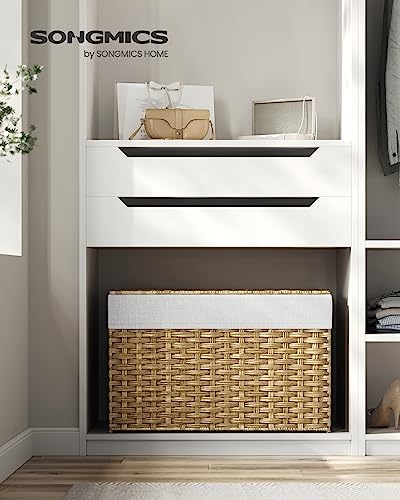 SONGMICS Storage Basket with Lid, Woven Blanket Storage Bin with Handles, Foldable, Removable Liner, Metal Frame, for Bedroom, Laundry Room, 27.7 Gallons (105 L), Natural URST066N01