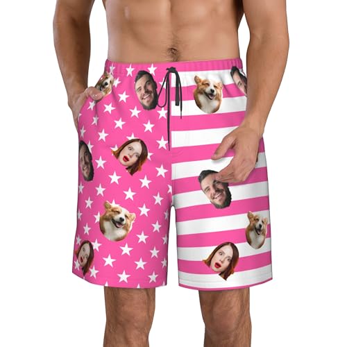 OHORTEB Custom American Flag Swim Trunks with Face, Personalized Photo Funny Beach Swim Board Shorts for Men