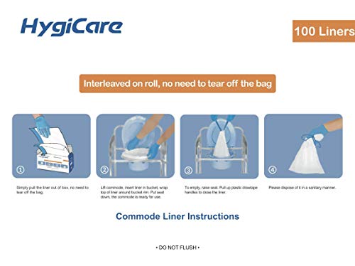 HygiCare Bedpan & Commode Liners Value Pack | 100 Count | Leakproof, Medical Grade, Interleaved Bags on Roll, Tie Easy
