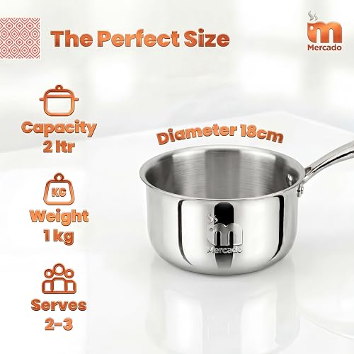Image of Mercado Triply Stainless Steel Saucepan 18 cm 2L | SS304 Food Grade | Ideal for Milk, Tea & Boiling | Induction Compatible | Cool-Touch Long Handle | Even Heat Distribution | Silver | 5 Years Warranty