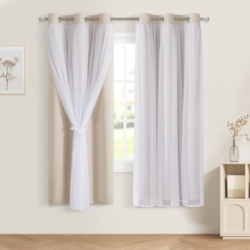 Image of DWCN Beige Blackout Curtains with Sheer Overlay with Tiebacks 63 Inch Long