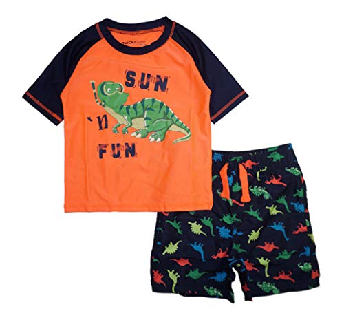 Quicksand Boys' 2-Piece UPF 50+ Rash Guard and Swimsuit Trunks Set, 3T, Orange Dino Fun