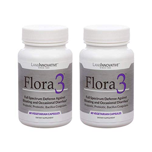 Lane Innovative - Flora3, Full Spectrum Defense Against Gas, Bloating and Occasional Diarrhea, A Probiotic, Prebiotic, and Bacillus Coagulan in One (60 Veggie Caps) | 2-Pack