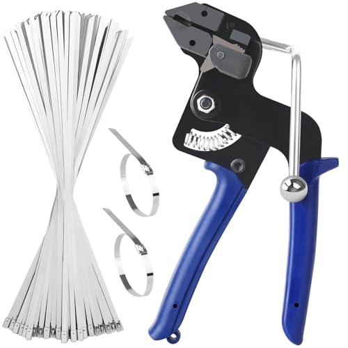 100 Pezzi Fascette Metalliche Stringitubo e Pistola con Pinza Strumento Serraggio per Avvolgimento in Metallo Legare Cavi