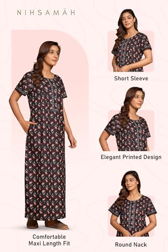 Image of NIHSAMAH Cotton Nighty for Women with Pocket, Premium Printed Long Nighty | Comfortable & Fancy Sleepwear /Nightwear