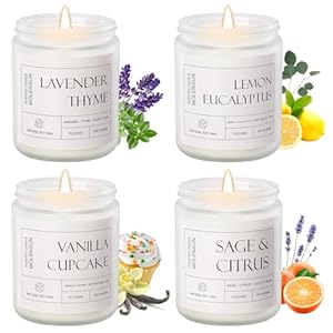 4 Pack Candles for Home Scented, Mother’s Day Gifts, 28 oz 200 Hour Long Lasting Candles, Soy Candle Set Gift for Women, Scents of Lavender Thyme/Lemon Eucalyptus/Sage &Citrus/Vanilla Cupcake