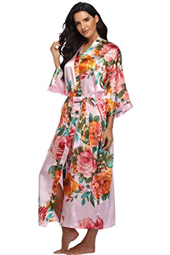 Image of Women Silk Kimono Robe Long Floral Bridesmaids Robes Satin | Wedding Party Bridal Getting Ready Robe Lightweight Dressing Gown Loungewear Sleepwear