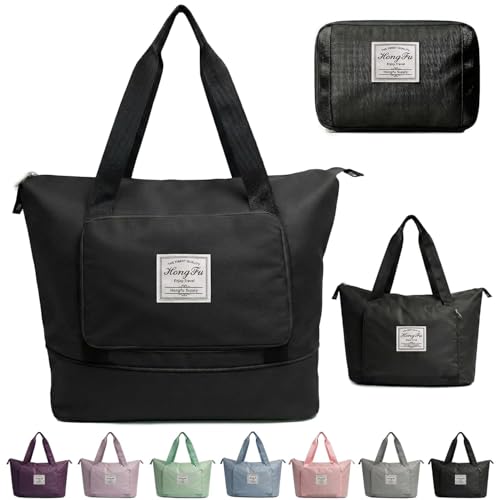 Image of Nylon 41L Expandable Travel Bag for Women, Foldable Waterproof Duffle Bag, Lightweight Carry-on Luggage with Wet Pocket, Vanity Handbag for Travel & Gym, Night Black, 41 Liter