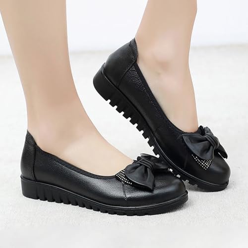 Women's Black Leather Wedge Dress Pumps,Comfort Cute Knot Bow Rhinestones Round Closed Toe Slip On Low Casual Shoes4