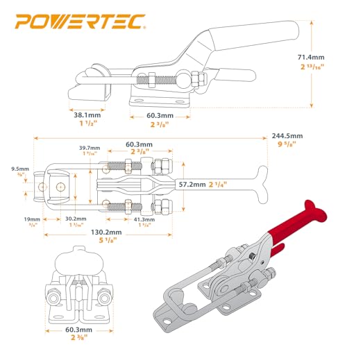 Image of POWERTEC 2PK Toggle Clamp, 2000 lbs Holding Capacity, 40341 Self-Lock U-Bolt Adjustable Latch w /Antislip Hand Grip for Woodworking Jigs & Fixtures, Smoker, Tire Carrier, Tool Box, Cabinet (20340V)