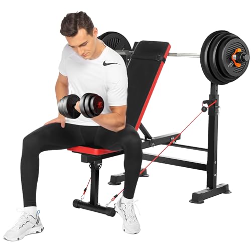 Angotrade 600lbs Adjustable Olympic Weight Bench Set with Squat Rack Foldable Workout Bench Press Set with Preacher Curl & Leg Developer for Full-Body Workout