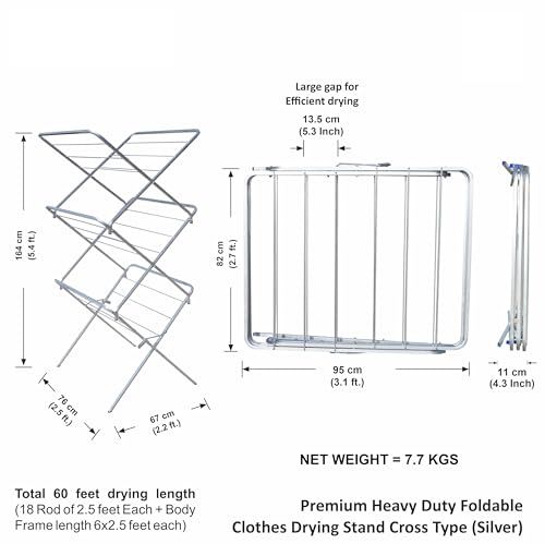 Image of Familia Heavy Duty Steel Premium 3 Tier-18 Rods (60 Feet Drying Length) Clothes Drying Stand Steel for Balcony Cloth Drying Stand Foldable Clothes Stand for Drying Cloth Dryer Stand