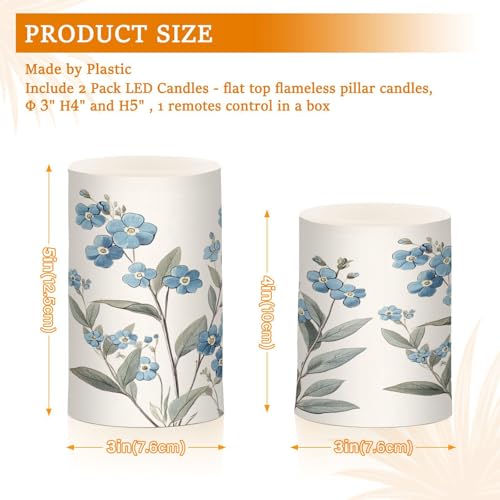 Image of Blue Flowers Leaves Painting Flickering Flameless Candles LED Battery Operated with Remote Timer Pillar Candles for Home Birthday Wedding Christmas Decor, Set of 2