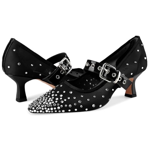Image of Women's Mesh Closed Pointed Toe Heels Rhinestone Ankle Strap Buckle Kitten Heeled Mary Jane Pumps Dressy Prom Wedding Sandals Shoes 2 inch