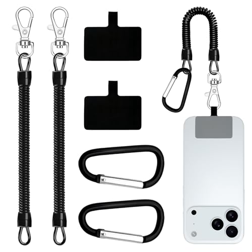 Sariputa 2 correas para teléfono móvil con cable flexible en espiral, correas negras para teléfonos móviles, antirrobo con mosquetón, se adapta a la mayoría de los teléfonos móviles (2 inserciones
