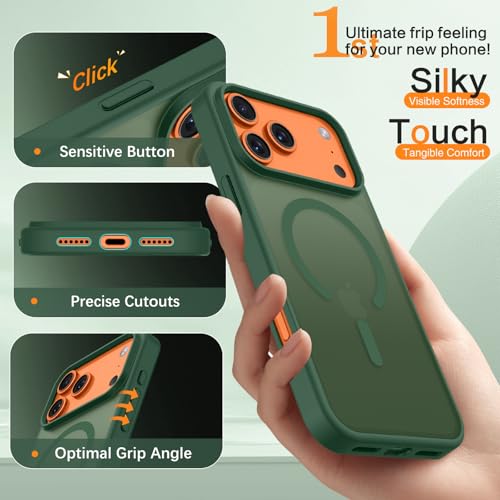 Image of BENTOBEN Magnetic for iPhone 17 Pro Max Case 6.9 inch 2025, [Compatible with Magsafe] Cute Slim Frosted Matte Military Shockproof Protective Bumper Girl Men Phone Cover for iPhone 17 ProMax, Dark Green