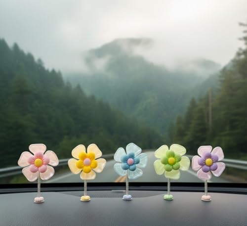 Image of Car Dashboard Decor Sunflower Cute Shaking Head Dancing Flower Interior Accessories Mirror Decorative Ornament (Includes 5 Flowers with Adhesive Stickers for Easy Install) (5 Pcs)