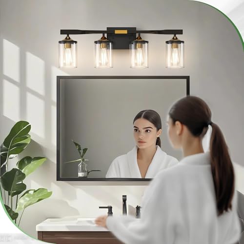 Image of DORESshop 4-Light Bathroom Vanity Light, Black and Gold Bathroom Light Fixtures Over Mirror, Modern Vanity Lights for Hallway Bedroom Living Room