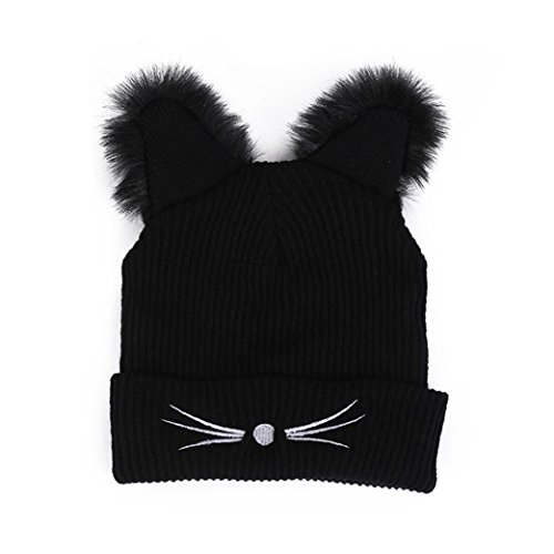 Hunputa Womens Hat Winter, Women's Black Cute Cat Ears Lined Knitted Slouchy Beanie Hat Ski Cap