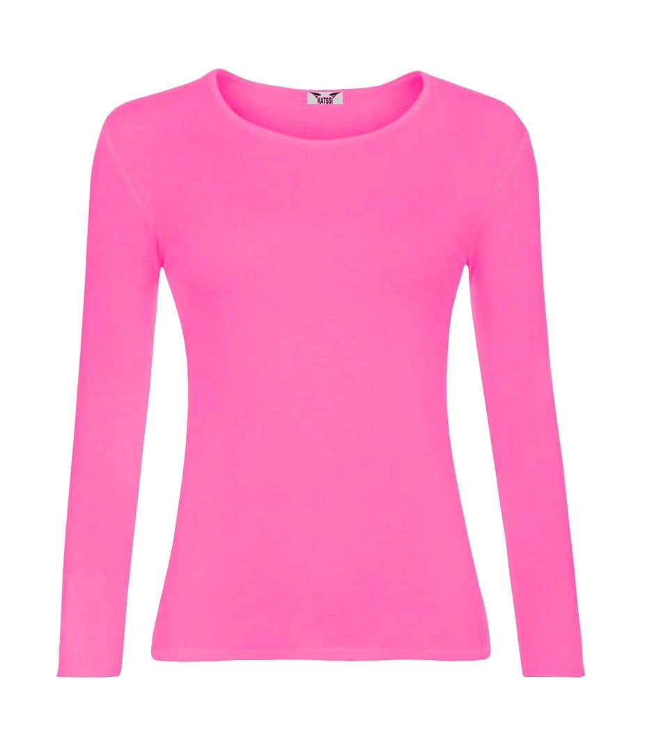 KATSSI Women’s Ladies Long Sleeve Stretch Plain Round Scoop Neck T Shirt Top ML Fuchsia