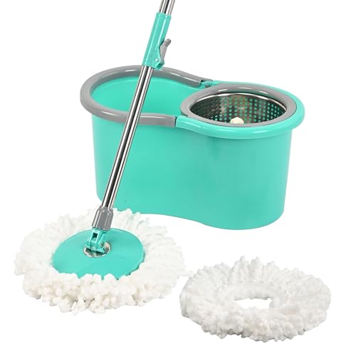 Kuber Industries Plastic Spin Mop with Stainless Steel Wringer | Big Bucket Moppers for Cleaning Floor, 2 Refills | 360° Floor Cleaner Mopping Set for Home & Office | Pocha Stick - (Mint Green)