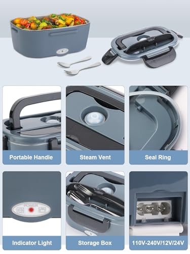 Image of 80W Electric Lunch Box for Adults, 1.5L Stainless Steel Food Warmer Lunch Box, 12V /24V /110V Portable Heated Lunch Box for Car /Truck /Office, Leak-Proof, Dishwasher-Safe with Insulated Bag(Blue)