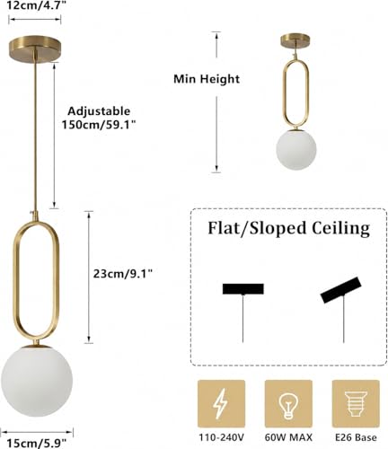 Image of Pendant Light Set of 2 Modern Gold Brass Kitchen Island Lighting with Glass Shade, Adjustable Mini Globe Hanging Pendant Lamp for Bedroom Living Room Dining Room (2 Pack)