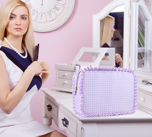 Gingham Ruffle Makeup Bag,Large Travel Cute Cosmetic Bag for Women Girls,Ruffle Pouch Toiletry Bag Make up Organizer (Purple) 6