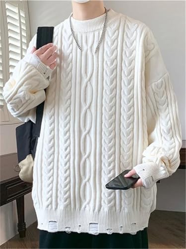 Men's Winter O-Neck Knit Pullover - Solid Color Hole Design Loose Youthful Vitality Casual Knitted Sweater2